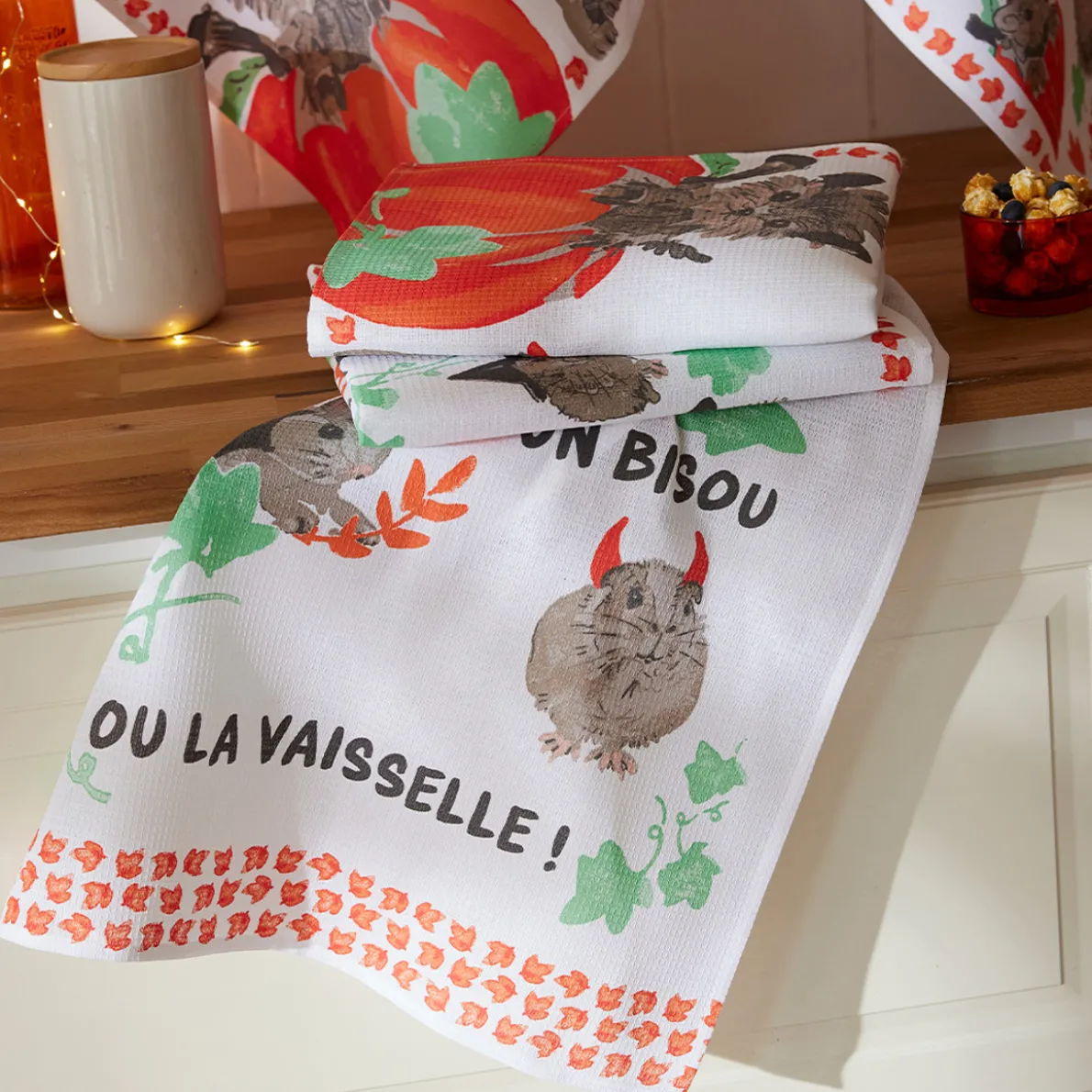 Un bisou ou la vaisselle ! 2 essuie-mains nid d'abeille